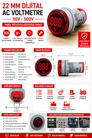 DİJİTAL VOLTMETRE AC 50V-500V - KIRMIZI