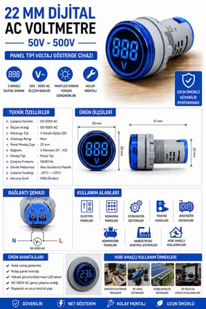 DİJİTAL VOLTMETRE AC 50V-500V - MAVİ