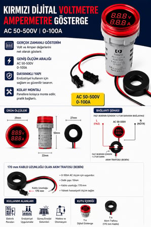 DİJİTAL VOLTMETRE AMPERMETRE   AC 50-500V / 0-100A - KIRMIZI