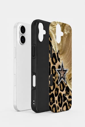 iPhone 16 Plus Vorian Çift Katmanlı Altın Leopar Yıldız Kılıf