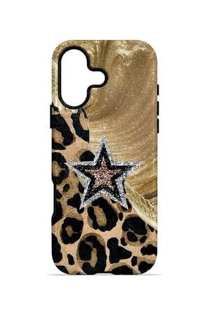 iPhone 16 Plus Vorian Çift Katmanlı Altın Leopar Yıldız Kılıf