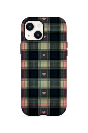 iPhone 14 Plus Vorian Çift Katmanlı Kalpli Vintage Ekose Kılıf