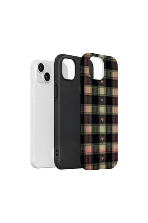 iPhone 14 Plus Vorian Çift Katmanlı Kalpli Vintage Ekose Kılıf
