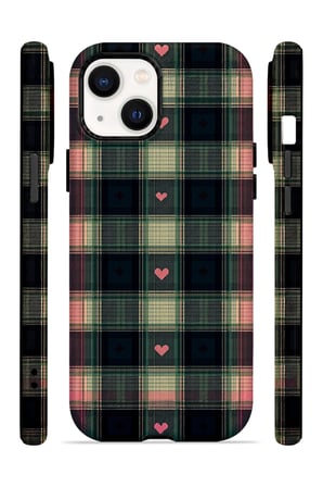 iPhone 14 Plus Vorian Çift Katmanlı Kalpli Vintage Ekose Kılıf