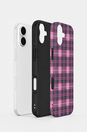 iPhone 16 Plus Vorian Çift Katmanlı Fuşya Gri Ekose Kılıf