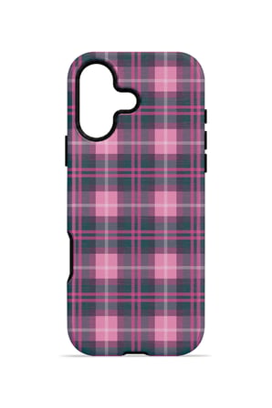 iPhone 16 Plus Vorian Çift Katmanlı Fuşya Gri Ekose Kılıf