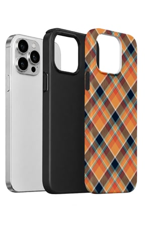 iPhone 14 Pro Max Vorian Çift Katmanlı Turuncu Lacivert Ekose Kılıf
