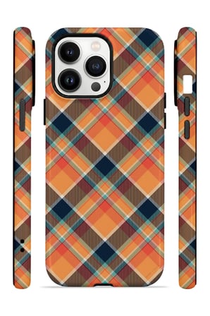 iPhone 14 Pro Max Vorian Çift Katmanlı Turuncu Lacivert Ekose Kılıf