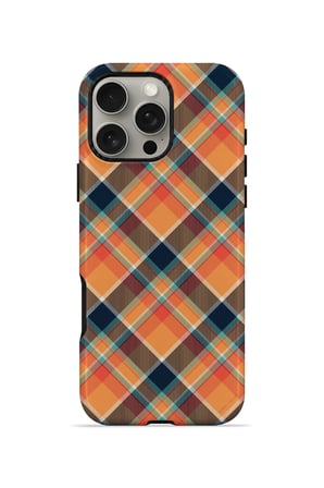 iPhone 16 Pro Max Vorian Çift Katmanlı Turuncu Lacivert Ekose Kılıf