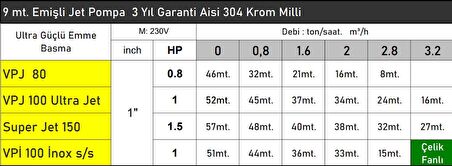 VPİ100 İNOX Paslanmaz 1 HP 220V Krom Milli Çelik Fanlı Jet Pompa - Bakır Sargı