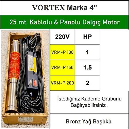 VRM-P 100 1 HP 220v 25 mt. Kablolu & Panolu Bronz Yağ Çemberli Dalgıç Pompa Çıplak Motoru