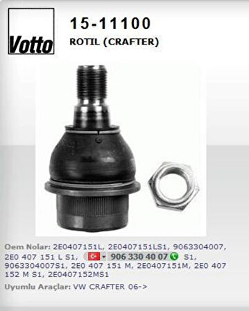 Votto 15-11100 Sağ-Sol Rotil Volkswagen Crafter 06-16 Sprinter 06- 2E0407151M