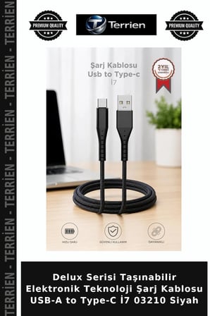 Delux Serisi Taşınabilir Elektronik Teknoloji Şarj Kablosu USB-A to Type-C İ7 03210 Siyah