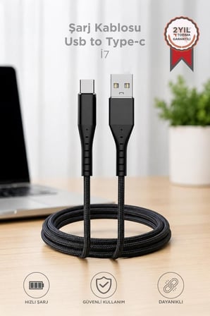 Delux Serisi Taşınabilir Elektronik Teknoloji Şarj Kablosu USB-A to Type-C İ7 03210 Siyah