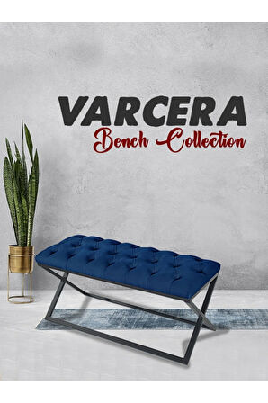 Varcera Mavi Puf - Siyah Çapraz Metal Ayaklı, Kapitoneli Chester Model Bench Puf