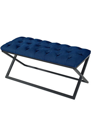 Varcera Mavi Puf - Siyah Çapraz Metal Ayaklı, Kapitoneli Chester Model Bench Puf