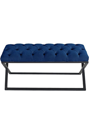 Varcera Mavi Puf - Siyah Çapraz Metal Ayaklı, Kapitoneli Chester Model Bench Puf