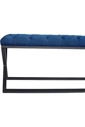 Varcera Mavi Puf - Siyah Çapraz Metal Ayaklı, Kapitoneli Chester Model Bench Puf