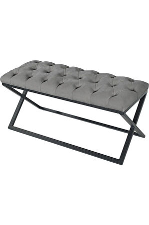 Varcera Gri Puf - Siyah Çapraz Metal Ayaklı, Kapitoneli Chester Model Bench Puf