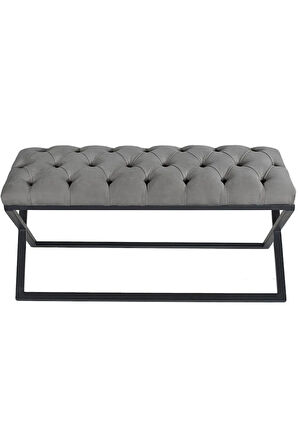 Varcera Gri Puf - Siyah Çapraz Metal Ayaklı, Kapitoneli Chester Model Bench Puf
