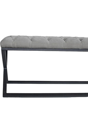 Varcera Gri Puf - Siyah Çapraz Metal Ayaklı, Kapitoneli Chester Model Bench Puf