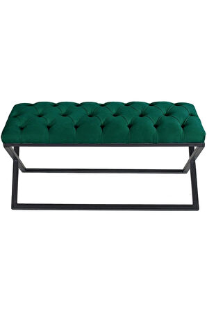 Varcera Yeşil Puf - Siyah Çapraz Metal Ayaklı, Kapitoneli Chester Model Bench Puf