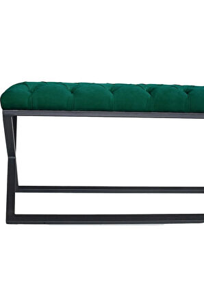 Varcera Yeşil Puf - Siyah Çapraz Metal Ayaklı, Kapitoneli Chester Model Bench Puf