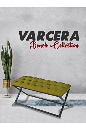 Varcera Hardal Puf - Siyah Çapraz Metal Ayaklı, Kapitoneli Chester Model Bench Puf