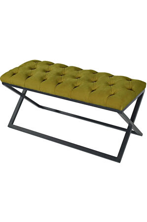 Varcera Hardal Puf - Siyah Çapraz Metal Ayaklı, Kapitoneli Chester Model Bench Puf