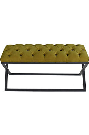 Varcera Hardal Puf - Siyah Çapraz Metal Ayaklı, Kapitoneli Chester Model Bench Puf
