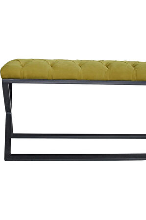 Varcera Hardal Puf - Siyah Çapraz Metal Ayaklı, Kapitoneli Chester Model Bench Puf