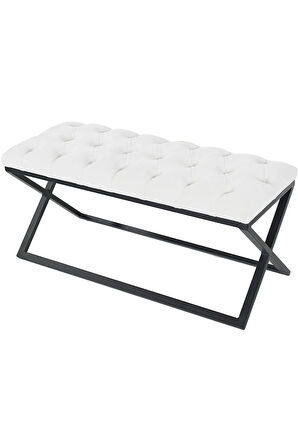 Varcera Beyaz Puf - Siyah Çapraz Metal Ayaklı, Kapitoneli Chester Model Bench Puf