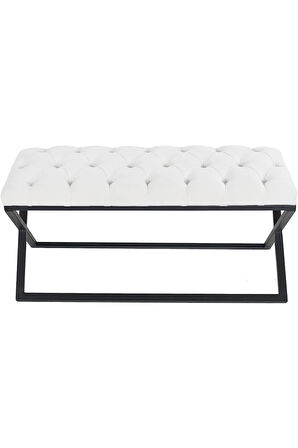 Varcera Beyaz Puf - Siyah Çapraz Metal Ayaklı, Kapitoneli Chester Model Bench Puf