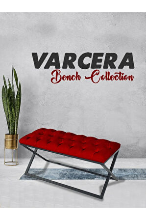 Varcera Bordo Puf - Siyah Çapraz Metal Ayaklı, Kapitoneli Chester Model Bench Puf