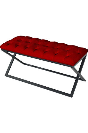 Varcera Bordo Puf - Siyah Çapraz Metal Ayaklı, Kapitoneli Chester Model Bench Puf