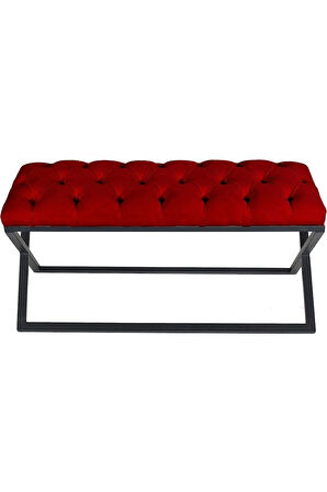 Varcera Bordo Puf - Siyah Çapraz Metal Ayaklı, Kapitoneli Chester Model Bench Puf