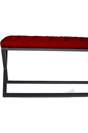 Varcera Bordo Puf - Siyah Çapraz Metal Ayaklı, Kapitoneli Chester Model Bench Puf