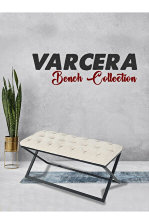 Varcera Krem Puf - Siyah Çapraz Metal Ayaklı, Kapitoneli Chester Model Bench Puf