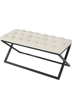 Varcera Krem Puf - Siyah Çapraz Metal Ayaklı, Kapitoneli Chester Model Bench Puf