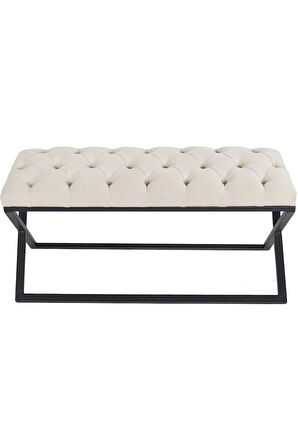Varcera Krem Puf - Siyah Çapraz Metal Ayaklı, Kapitoneli Chester Model Bench Puf