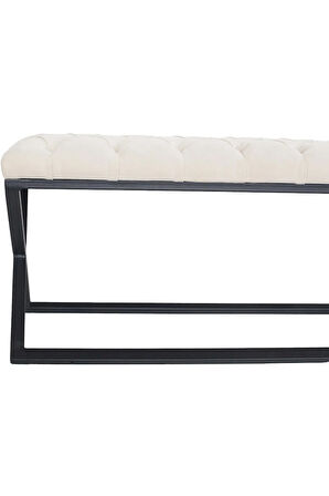 Varcera Krem Puf - Siyah Çapraz Metal Ayaklı, Kapitoneli Chester Model Bench Puf