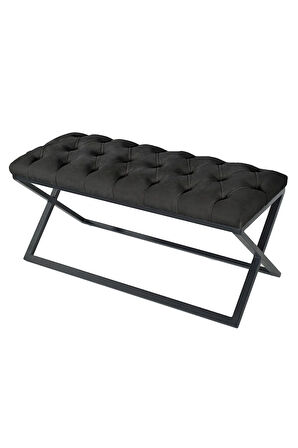 Varcera Antrasit Puf - Siyah Çapraz Metal Ayaklı, Kapitoneli Chester Model Bench Puf
