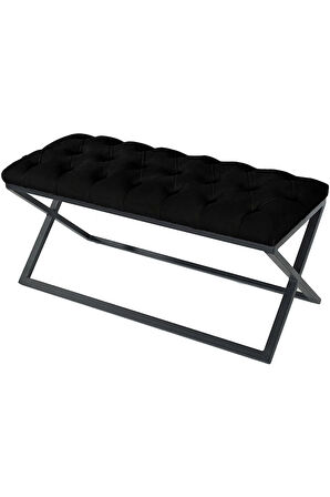 Varcera Siyah Puf - Siyah Çapraz Metal Ayaklı, Kapitoneli Chester Model Bench Puf