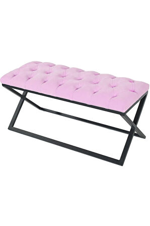 Varcera Pembe Puf - Siyah Çapraz Metal Ayaklı, Kapitoneli Chester Model Bench Puf