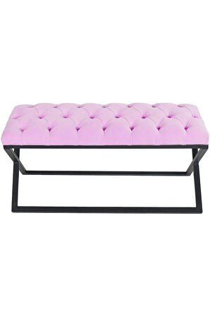 Varcera Pembe Puf - Siyah Çapraz Metal Ayaklı, Kapitoneli Chester Model Bench Puf
