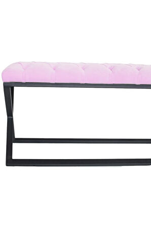 Varcera Pembe Puf - Siyah Çapraz Metal Ayaklı, Kapitoneli Chester Model Bench Puf