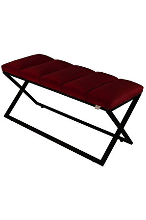 Varcera Sliced Bordo Puf - Siyah Çapraz Metal Ayaklı, Dilimli Model Bench Puf