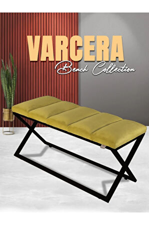 Varcera Sliced Hardal Puf - Siyah Çapraz Metal Ayaklı, Dilimli Model Bench Puf