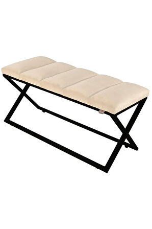 Varcera Sliced Krem Puf - Siyah Çapraz Metal Ayaklı, Dilimli Model Bench Puf