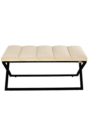 Varcera Sliced Krem Puf - Siyah Çapraz Metal Ayaklı, Dilimli Model Bench Puf